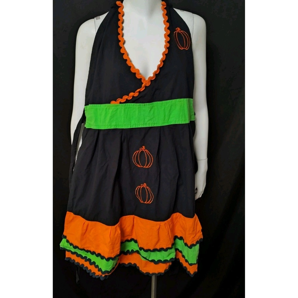 Apron pumpkins Fall Halloween tiered embroidered ruffled v neck full body